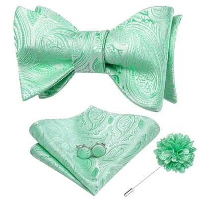  Self Tie Bow Ties and Lapel Pin for Men Paisley Solid Mens Bowtie B Mint Green - Image 1 of 4
