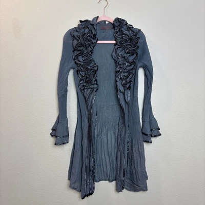 Pretty Angel Gray Ruffle Trim Silk Blend Duster Dramatic Romantic Gothic Women L - Image 1 of 4