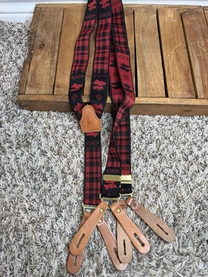 Polo Ralph Lauren Plaid Red Black Moose Suspenders Braces Leather Winter - Image 1 of 4