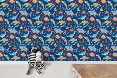 Murales de pared con patrón de acuarela de criaturas oceánicas 3D papel tapiz murales pegatina de pared Foto 1 de 4