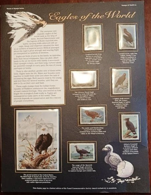 Postal Commerative Society World Stamps 8 Eagles Stamps of Maldives MNH - Image 1 of 1