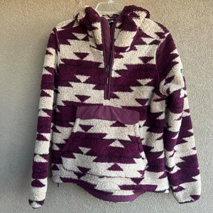 North Face Pullover Donna Medio con Cappuccio Sherpa Pile Toppa Gomito Marrone Tan M - Foto 1 di 14