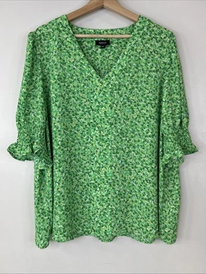 Jones & Co Women’s 2X Green Yellow White Floral Gathered Short Sleeve Blouse - Image 1 of 4