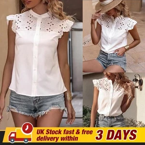 UK Womens Hollow Out T-Shirt Summer Button Up Short Sleeve Casual Tops Blouse - Picture 1 of 11