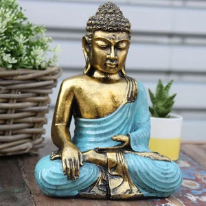 Thai Buddha Figur blau türkis Goldeffekt Statue spirituelles Ornament Deko 22 cm - Bild 1 von 7