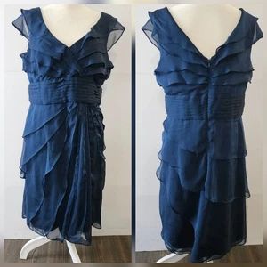 Adrianna Papell Occasions Size 12P Navy Blue Polyester Frilly Ruffled Layers Tan - Picture 1 of 22