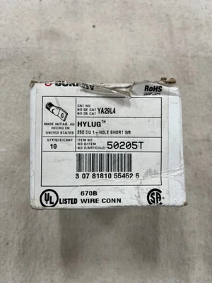 Box of (10) Burndy YA29L4 250MCM CU 1 Hole Short 3/8 Compression Lug - Image 1 of 3