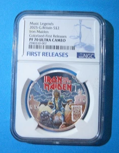 2025 2PD GB 1OZ SILVER PROOF NGC PF70 IRON MAIDEN MUSIC LEGENDS - FIRST RELEASES - Picture 1 of 10