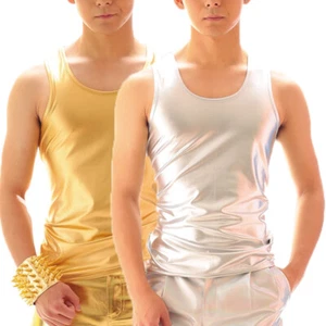 Men Shiny Tank Top Slim Faux Leather Wet Look Vest Metallic Sleeveless Shirt - Picture 1 of 10
