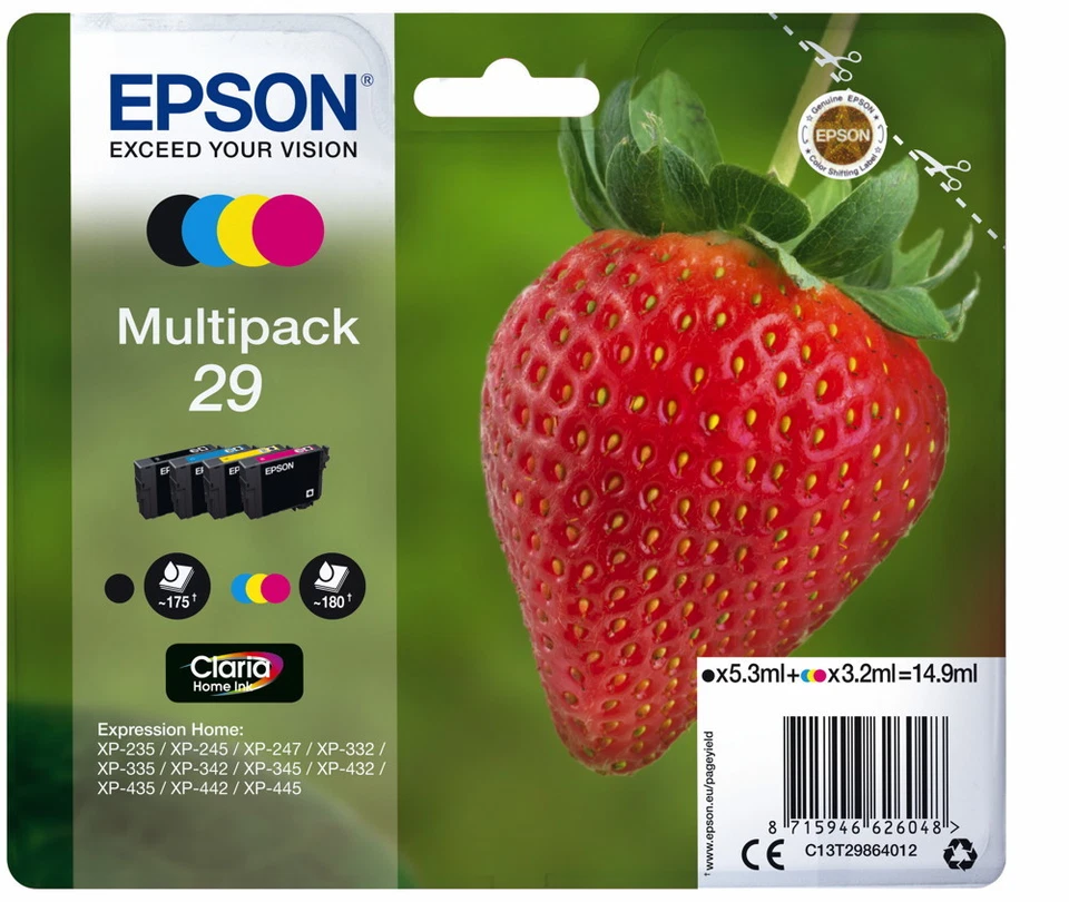 4 Epson Druckerpatronen Tinte 29 T2986 BK / C / M / Y Multipack - Bild 1 von 1