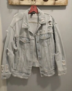 Forever 21 Distressed Long Sleeve Denim Jacket Size Women's Medium M Light Blue - Picture 1 of 9