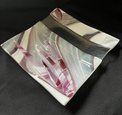 Unique White & Pink Fused Glass Plate 8"x 8", Rippled Effect w/ Clear Strip - Image 1 of 4