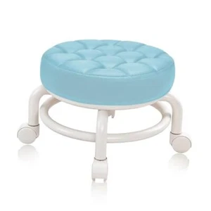 Round Rolling Low Stool- PU Leather Low Stool 360° More Comfortable Swivel Blue - Picture 1 of 8