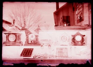 (1) 1800s-1900s ANTIQUE GLASS NEGATIVE, J. A. SAFFORD STORE FRONT WINDOW, CLOCKS - Picture 1 of 2