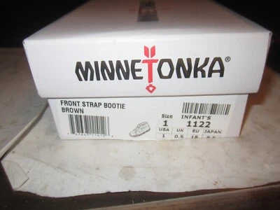 Minnetonka Infantil Talla 1 Cuero Marrón Correa Trasera Botín Mocasines Gamuza Flecos Foto 1 de 3