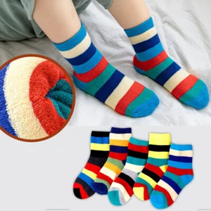 5 Pairs Boys Girls Kids Thick Winter Warm Wool Thermal Casual Strip Socks 1-12T - Picture 1 of 14