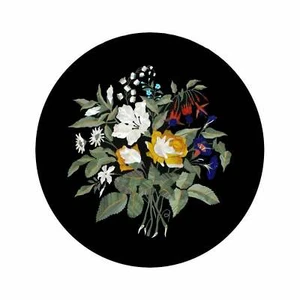 24" Black Marble Table Top round Coffee Center Inlay Lapis Mosaic flower H1 - Picture 1 of 4