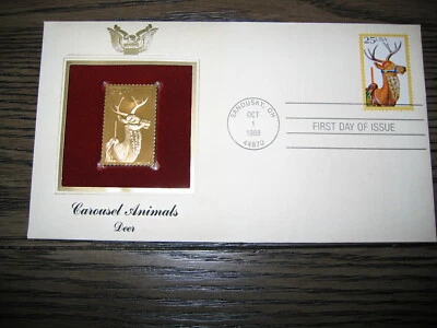 Estampilla réplica cubierta dorada oro 22kt FDC 1988 CARRUSEL ANIMALES CIERVO FDC FDI Foto 1 de 3