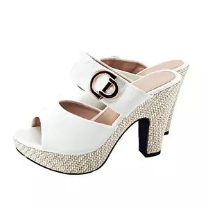 Wedges Platform Shoes Womens 6.5 Mules Open Toe Gold Buckle White Heels Slides - Picture 1 of 9