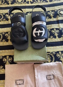 Nuevas Auténticas Sandalias Gucci Cosmos Suave Cuero Negro Recortado Logo G 12 EE. UU. 12,5 - Imagen 1 de 6
