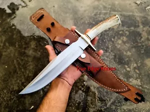 Coltello da caccia Bowie 12" fatto a mano D2 in acciaio con manico a cervo e guaina in pelle - Foto 1 di 4
