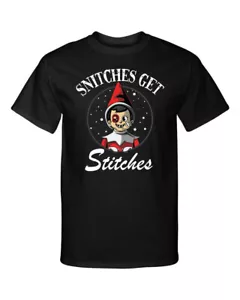 Snitches Get Stitches Bruised Elf Christmas Xmas Funny Graphic Tee Shirt T-Shirt - Picture 1 of 1