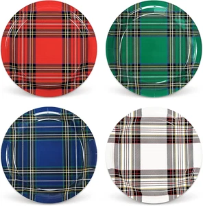 Christmas Paper Plates Plaid Disposable Plates Red Green White Blue Checked Xmas - Picture 1 of 7