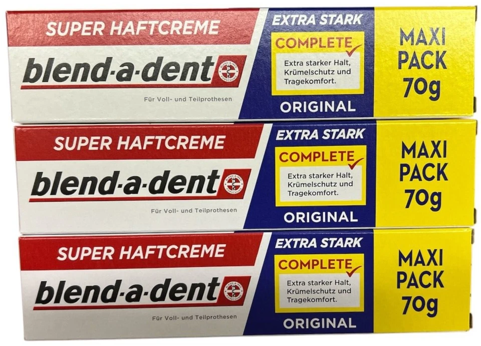 BLEND-A-DENT 3x Blend a dent Complete Haftcreme ORIGINAL Prothesen Haftmittel MAXIPACK 3x70g