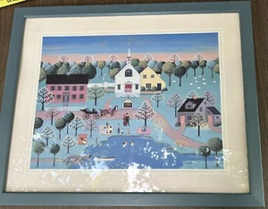 Country Pond Folk Art Framed Print by Colleen Sgroi Easter Church Service 21.75" - Picture 1 of 7
