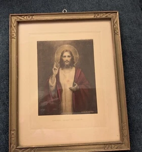 Sacred Heart Of Jesus Bosseron Vintage Print Framed 8.75" x 7" - Picture 1 of 9