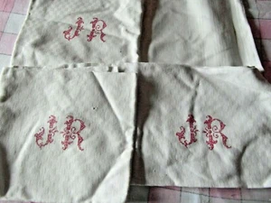   serviette tissu damase lin  blanc monograme rouge JR#TOWEL  white red - Photo 1/3