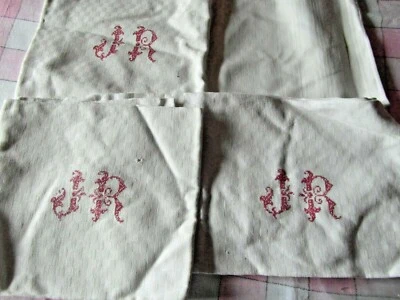   serviette tissu damase lin  blanc monograme rouge JR#TOWEL  white red - Photo 1/3