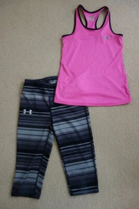 2 Piece Girls UNDER ARMOUR Black Pink Racerback Tank Top & Capris Sz Youth Med - Picture 1 of 5