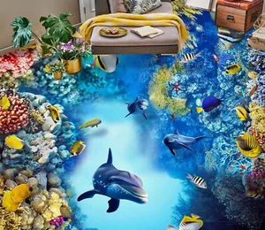 3D Blue Dolphin 32RAIN86 Floor WallPaper Murals Wall Print Decal AJ Honey - Picture 1 of 6