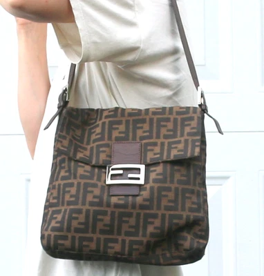 Vintage FENDI Zucca Mamma Baguette Canvas Shoulder Messenger Bag w/ Leather Trim - Image 1 of 4