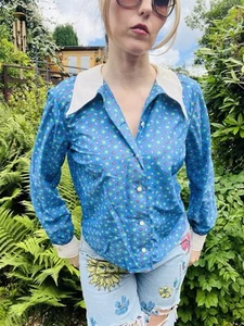 Vintage 60s Blouse With Dagger Collar By Dorothy Perkins With Blue Floral Print - Picture 1 of 7