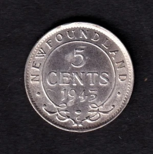 NFLD Newfoundland 1943C 5c Five Cent Silver Coin King George VI .925 AU+ #2 - Picture 1 of 2