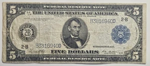 1914 $5 Federal Reserve Note New York NY FRN Large Note Blue Seal B3816940D - Picture 1 of 6