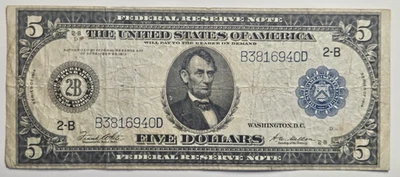 1914 $5 Federal Reserve Note New York NY FRN Large Note Blue Seal B3816940D - Image 1 of 4