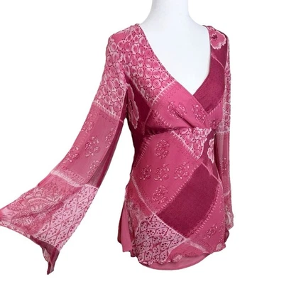 Top manga acampanada rosa/rojo estampado retazos 100 % seda vintage Y2K Foto 1 de 4