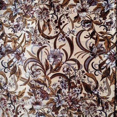 Vintage 70s Velour Upholstery Fabric 8 YD MCM Floral Chestnut Brown Velvet Sheen - Image 1 of 4
