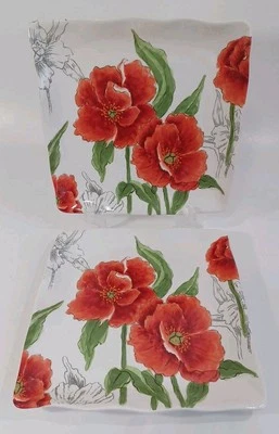 Maxcera Red Poppy Flower Handcrafted Ceramic Pottery Dinner Plate 11" X 11", New - Image 1 of 2