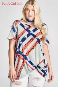 PLUS SIZE USA AMERICAN FLAG USA RED WHITE STARS BLUE KNOT TUNIC SHIRT 1X 2X 3X - Picture 1 of 5