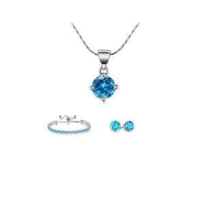 10k White Gold 7 Ct Round Created Blue Topaz Necklace, Earrings, Bracelet Plated