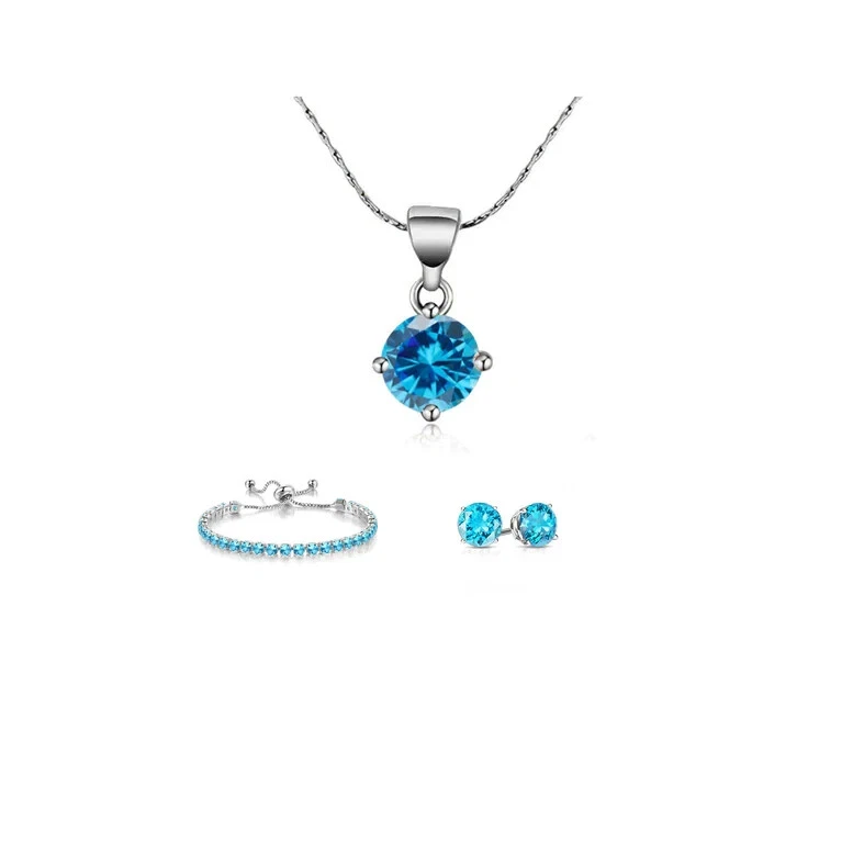 10k White Gold 7 Ct Round Created Blue Topaz Necklace, Earrings, Bracelet Plated - Image 1 of 1