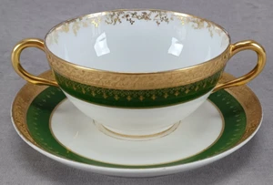 Guerin Limoges Gold Encrusted Bows & Green Bouillon Cup & Saucer Circa 1900-1932 - Picture 1 of 11