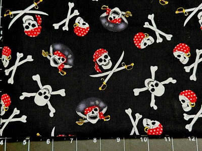HI FASHION Tina Scrap 9"x21" Mini Skull Heads Bones Black & White Pirate Cotton Fabric