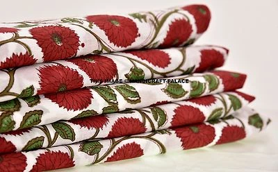 5 Yard Indian hand block Print Fabric Red Floral Cotton Garment Dress Fabric art - Image 1 of 4