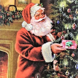 Biglietto di Natale, dipinto di Richard McNeil di Babbo Natale per albero con regalo - Foto 1 di 5