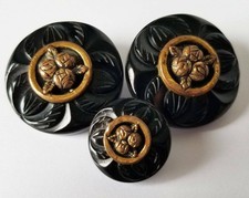 ROSES 3 Vtg Deeply Carved LARGE Black Bakelite Buttons Brass OME 1 3/4, 1 1/8